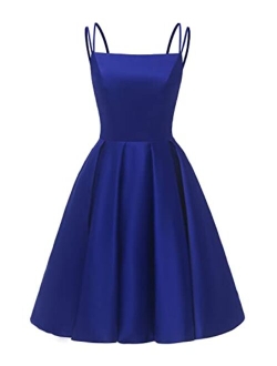 Tianzhihe Short Satin Homecoming Dresses for Teens 2023 Spaghetti Straps Prom Dresses with Pockets Cocktail Party Gowns