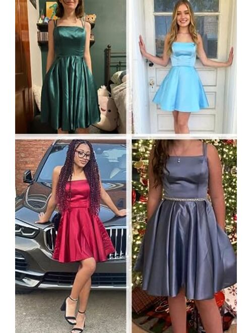 Tianzhihe Short Satin Homecoming Dresses for Teens 2023 Spaghetti Straps Prom Dresses with Pockets Cocktail Party Gowns