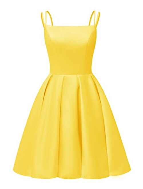 Tianzhihe Short Satin Homecoming Dresses for Teens 2023 Spaghetti Straps Prom Dresses with Pockets Cocktail Party Gowns