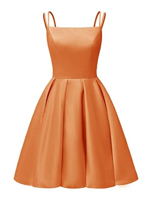 Tianzhihe Short Satin Homecoming Dresses for Teens 2023 Spaghetti Straps Prom Dresses with Pockets Cocktail Party Gowns