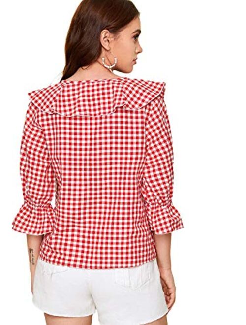 Romwe Women's Elegant Ruffle V Neck Flounce Sleeve Blouse Top