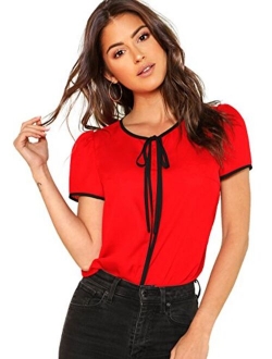 Women's Summer Short Sleeve Tie Bow Neck Chiffon Blouse Top