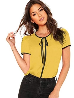 Women's Summer Short Sleeve Tie Bow Neck Chiffon Blouse Top