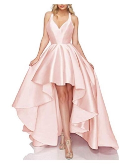 Tianzhihe Halter High Low Prom Dress Long A-line Satin Formal Evening Party Gown