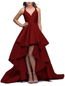 Tianzhihe Halter High Low Prom Dress Long A-line Satin Formal Evening Party Gown