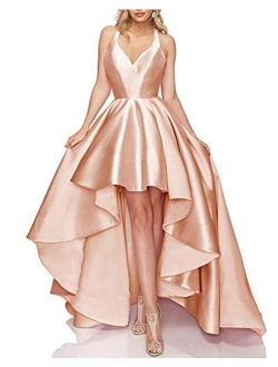 Tianzhihe Halter High Low Prom Dress Long A-line Satin Formal Evening Party Gown