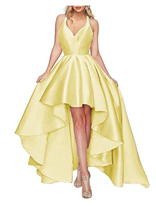 Tianzhihe Halter High Low Prom Dress Long A-line Satin Formal Evening Party Gown