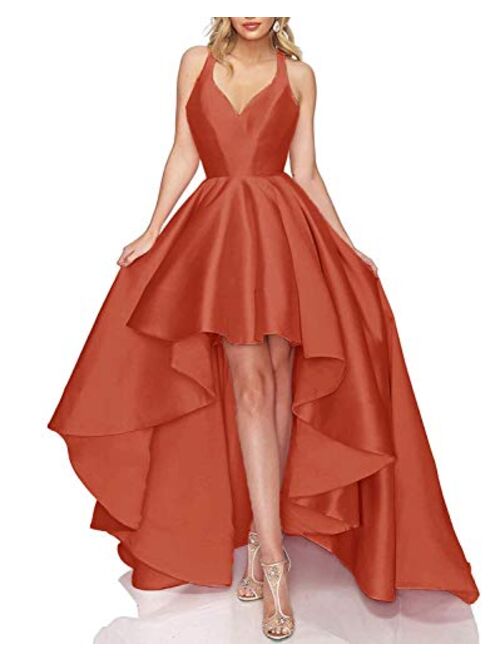 Tianzhihe Halter High Low Prom Dress Long A-line Satin Formal Evening Party Gown