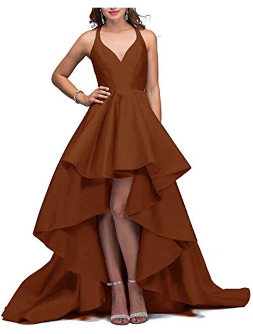 Tianzhihe Halter High Low Prom Dress Long A-line Satin Formal Evening Party Gown