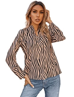 Women's Notched V Neck Long Sleeve Blouse Shirt Tops