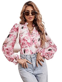 Women's Notched V Neck Long Sleeve Blouse Shirt Tops