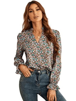 Women's Notched V Neck Long Sleeve Blouse Shirt Tops