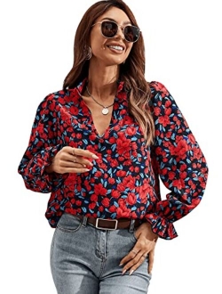 Women's Notched V Neck Long Sleeve Blouse Shirt Tops