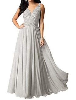 Tianzhihe V Neck Lace Applique Bridesmaid Dress A-Line Floor Length Women's Wedding Evening Prom Party Maxi Gown