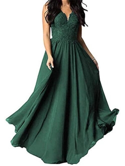 Tianzhihe V Neck Lace Applique Bridesmaid Dress A-Line Floor Length Women's Wedding Evening Prom Party Maxi Gown