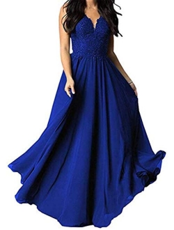 Tianzhihe V Neck Lace Applique Bridesmaid Dress A-Line Floor Length Women's Wedding Evening Prom Party Maxi Gown