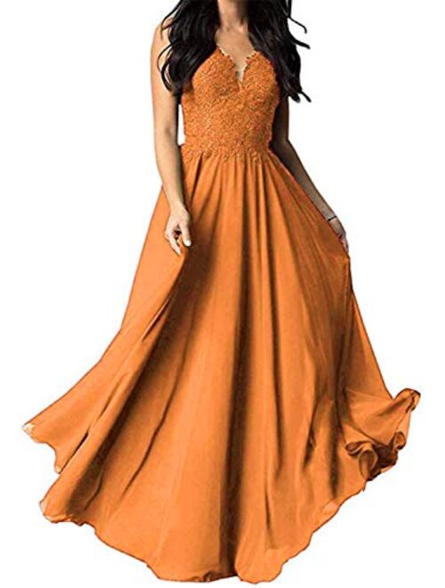 Tianzhihe V Neck Lace Applique Bridesmaid Dress A-Line Floor Length Women's Wedding Evening Prom Party Maxi Gown