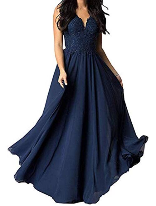 Tianzhihe V Neck Lace Applique Bridesmaid Dress A-Line Floor Length Women's Wedding Evening Prom Party Maxi Gown