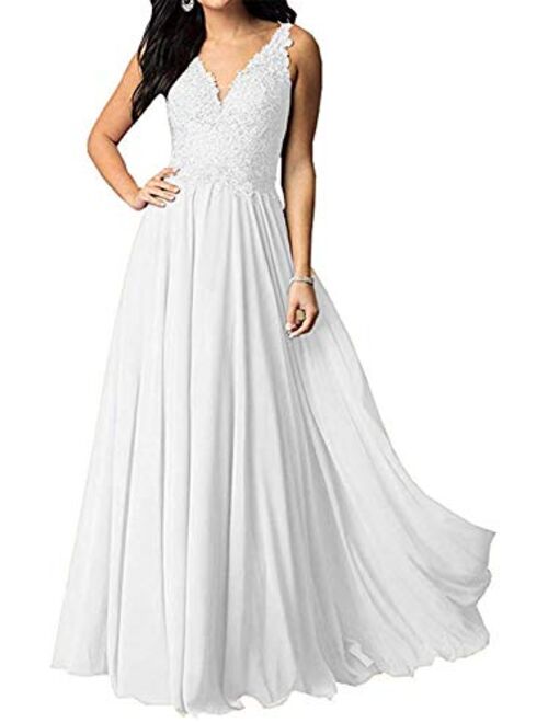 Tianzhihe V Neck Lace Applique Bridesmaid Dress A-Line Floor Length Women's Wedding Evening Prom Party Maxi Gown