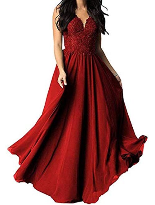 Tianzhihe V Neck Lace Applique Bridesmaid Dress A-Line Floor Length Women's Wedding Evening Prom Party Maxi Gown