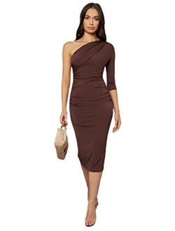 Women's Ruched One Shoulder Bodycon Midi Dress 3/4 Sleeve Pencil Dresses