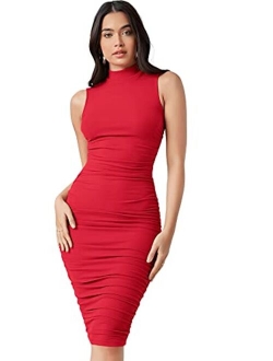 Women's Mock Neck Sleeveless Ruched Dress Bodycon Pencil Solid Dresses