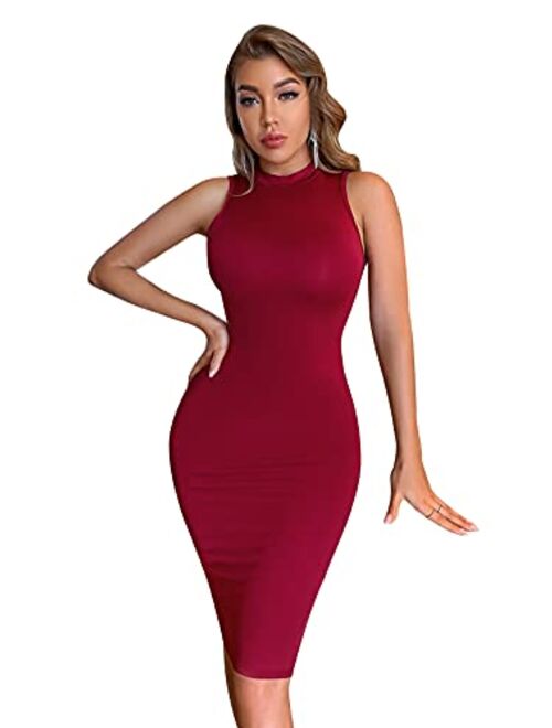 SheIn Women's Mock Neck Sleeveless Ruched Dress Bodycon Pencil Solid Dresses