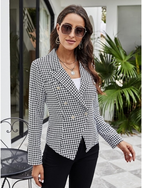 SheIn Women's Houndstooth Long Sleeve Lapel Collar Double Breasted Blazer Jacket