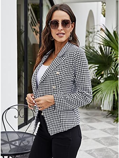 SheIn Women's Houndstooth Long Sleeve Lapel Collar Double Breasted Blazer Jacket