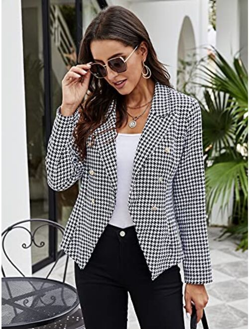 SheIn Women's Houndstooth Long Sleeve Lapel Collar Double Breasted Blazer Jacket