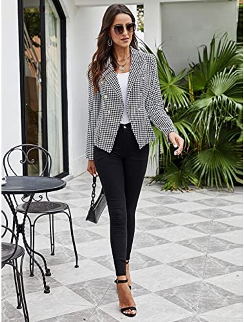 SheIn Women's Houndstooth Long Sleeve Lapel Collar Double Breasted Blazer Jacket