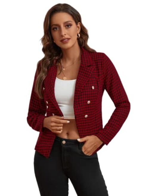 SheIn Women's Houndstooth Long Sleeve Lapel Collar Double Breasted Blazer Jacket