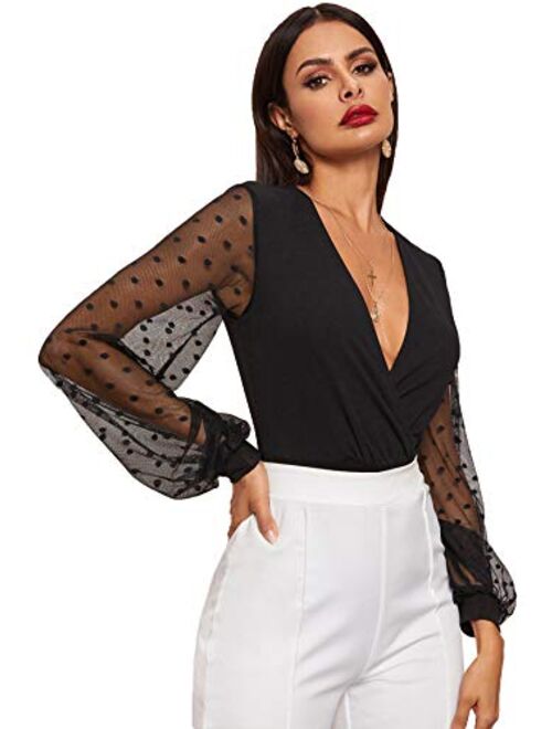 SheIn Women's Deep V Neck Wrap Polka Dots Mesh Lantern Long Sleeve Bodycon Bodysuit