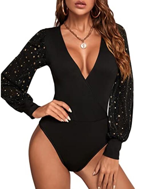 SheIn Women's Deep V Neck Wrap Polka Dots Mesh Lantern Long Sleeve Bodycon Bodysuit