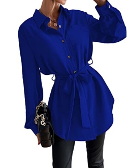 Women's Tie Front Button Up Blouse Shirt Bishop Long Sleeve Collar Longline Tunic Top