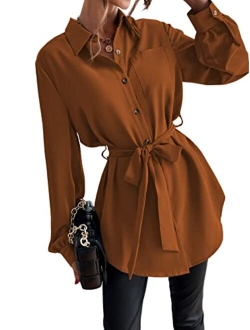 Women's Tie Front Button Up Blouse Shirt Bishop Long Sleeve Collar Longline Tunic Top