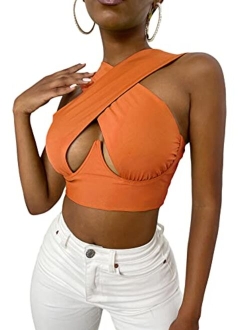 Women's Crisscross Cut Out Vest Halter Wrap Crop Top Solid Cami Tank Tops