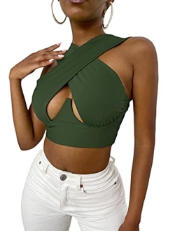 Women's Crisscross Cut Out Vest Halter Wrap Crop Top Solid Cami Tank Tops