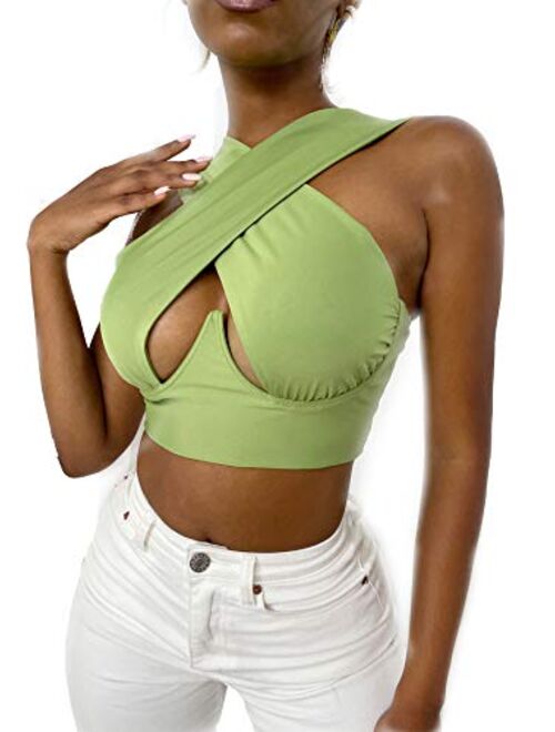 SheIn Women's Crisscross Cut Out Vest Halter Wrap Crop Top Solid Cami Tank Tops