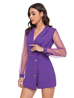 Women's Notch Collar Mesh Sleeve Button Wrap Trim Jumpsuit Short Wide Leg Romper