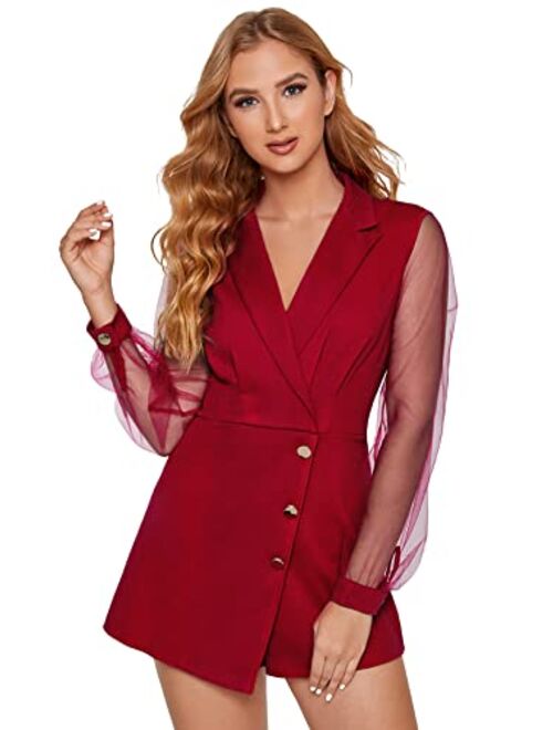 SheIn Women's Notch Collar Mesh Sleeve Button Wrap Trim Jumpsuit Short Wide Leg Romper