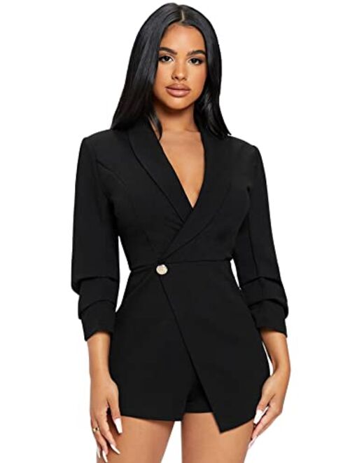 SheIn Women's Notch Collar Mesh Sleeve Button Wrap Trim Jumpsuit Short Wide Leg Romper