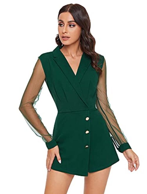 SheIn Women's Notch Collar Mesh Sleeve Button Wrap Trim Jumpsuit Short Wide Leg Romper