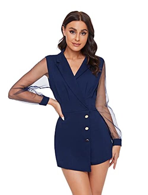 SheIn Women's Notch Collar Mesh Sleeve Button Wrap Trim Jumpsuit Short Wide Leg Romper