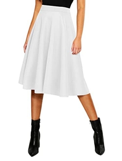 Women's Basic Elastic Waist A-line Solid Flared Midi Skirt