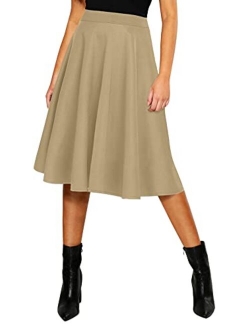 Women's Basic Elastic Waist A-line Solid Flared Midi Skirt