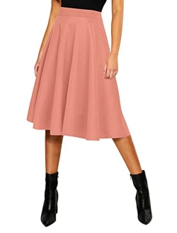 Women's Basic Elastic Waist A-line Solid Flared Midi Skirt