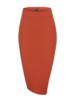 Elastic High Waist Knee Length Pencil Skirt Ribbed Knit Basic Tube Midi Skirt