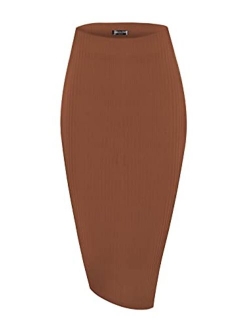 Elastic High Waist Knee Length Pencil Skirt Ribbed Knit Basic Tube Midi Skirt