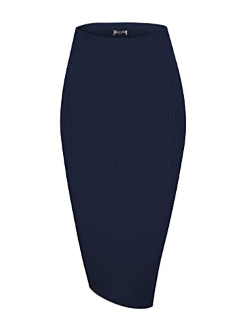 Urban CoCo Elastic High Waist Knee Length Pencil Skirt Ribbed Knit Basic Tube Midi Skirt